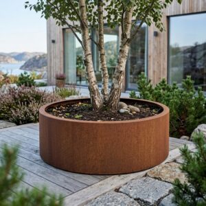 Large round corten steel planter with a natural weathered rust patina and folded top edge, featuring a multi-stemmed birch tree on a modern wooden terrace with a Norwegian fjord landscape in the background.
